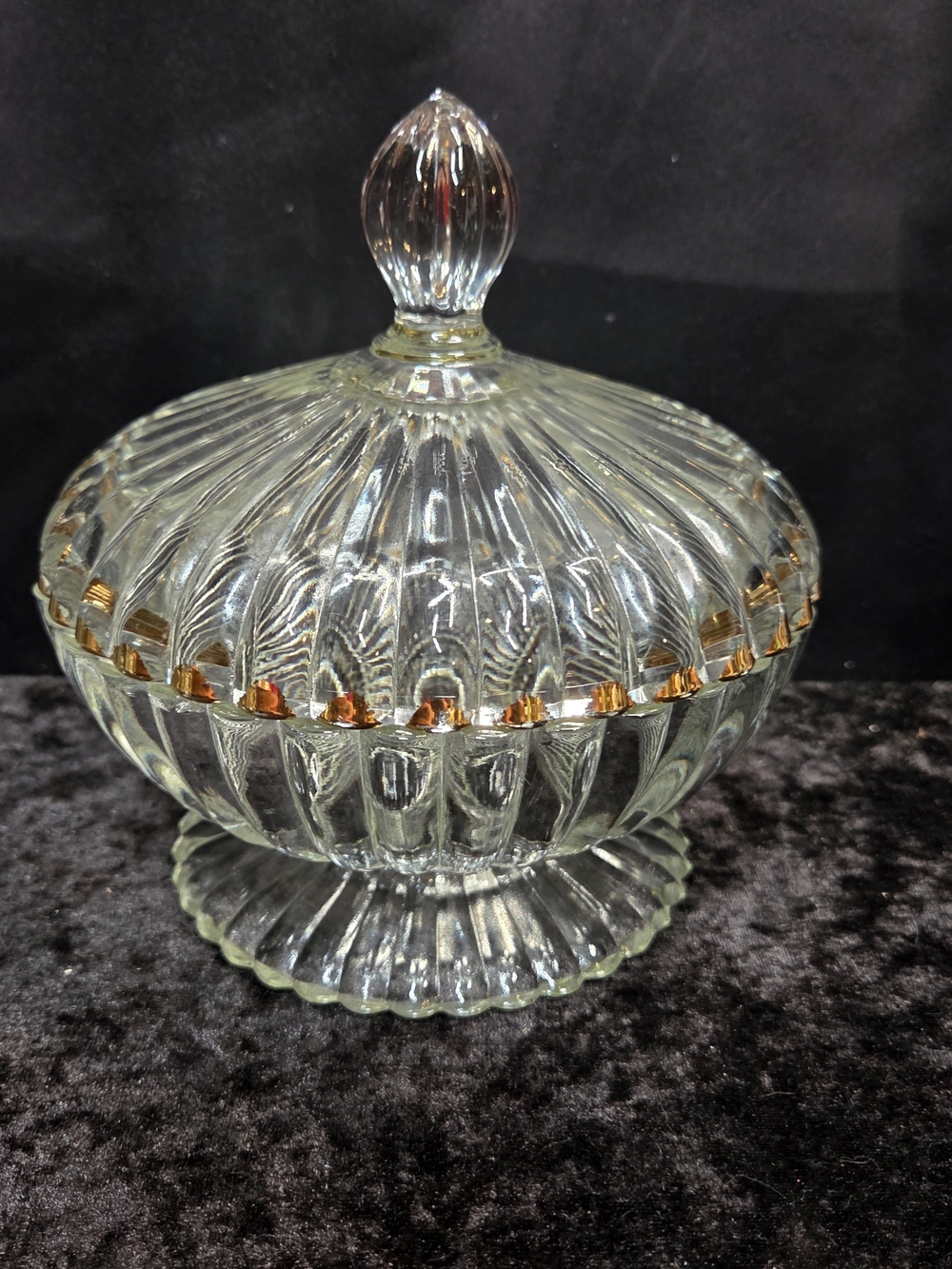 Vintage Jeanette Glass Footed Candy Dish With Lid National Pattern 24K Gold Trim